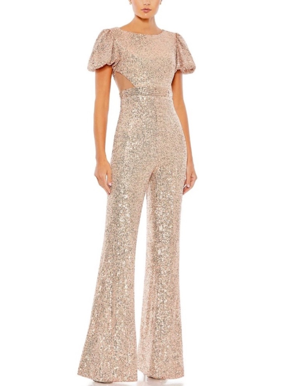 NWT Mac Duggal Sequin Puff Shoulder Illusion Cutout Jumpsuit, Blush, sz 0, 11273